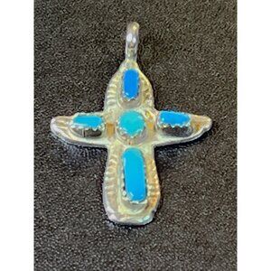 Handcrafted Sterling Silver Cross Pendant With Turquoise Inlay - Small Size -